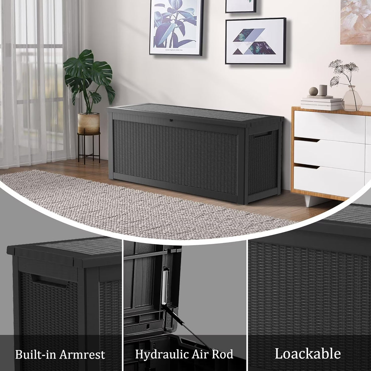 LOJIAWOWE 320 Gallon Resin Deck Box, Waterproof Lockable Outdoor Storage Container for Patio Furniture, Pool Supplies, Black