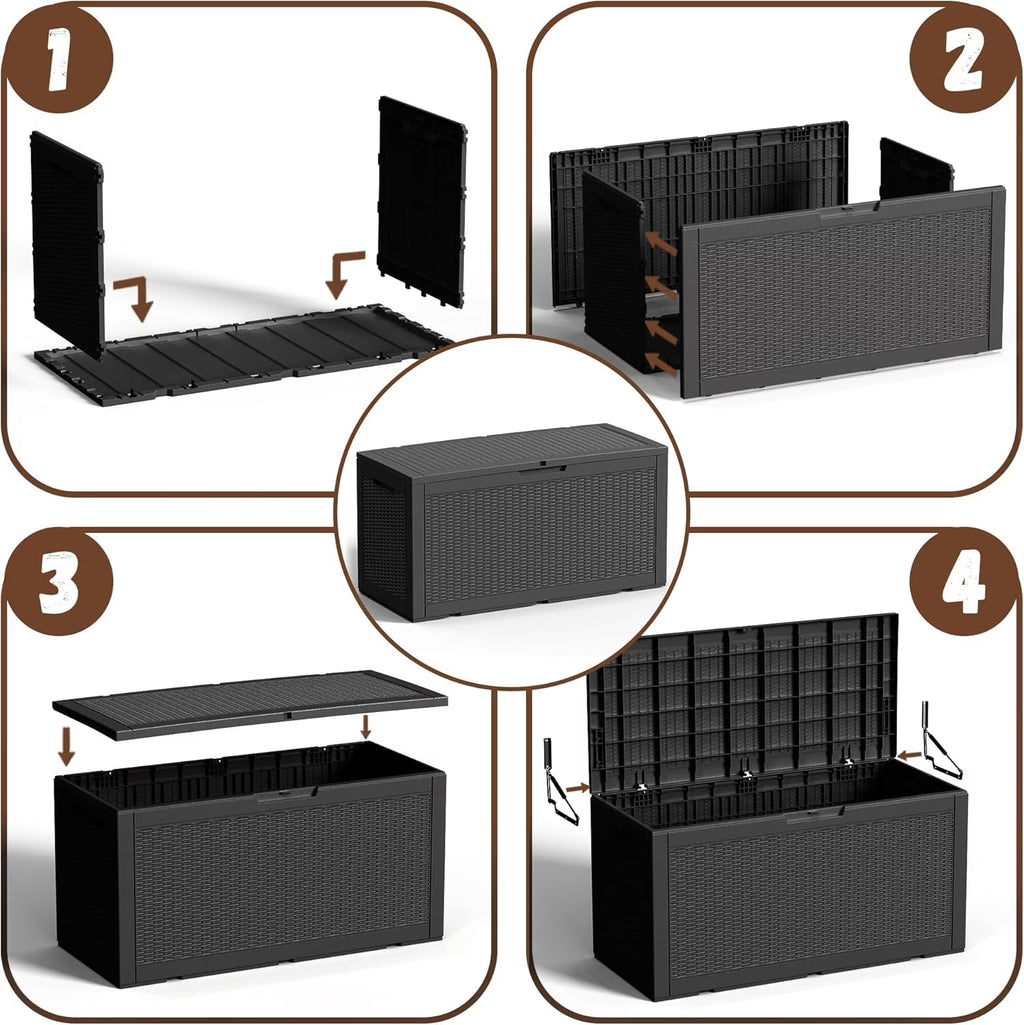 LOJIAWOWE 100 Gallon Resin Deck Box, Waterproof Lockable Outdoor Storage Container for Patio Furniture, Pool Supplies, Black