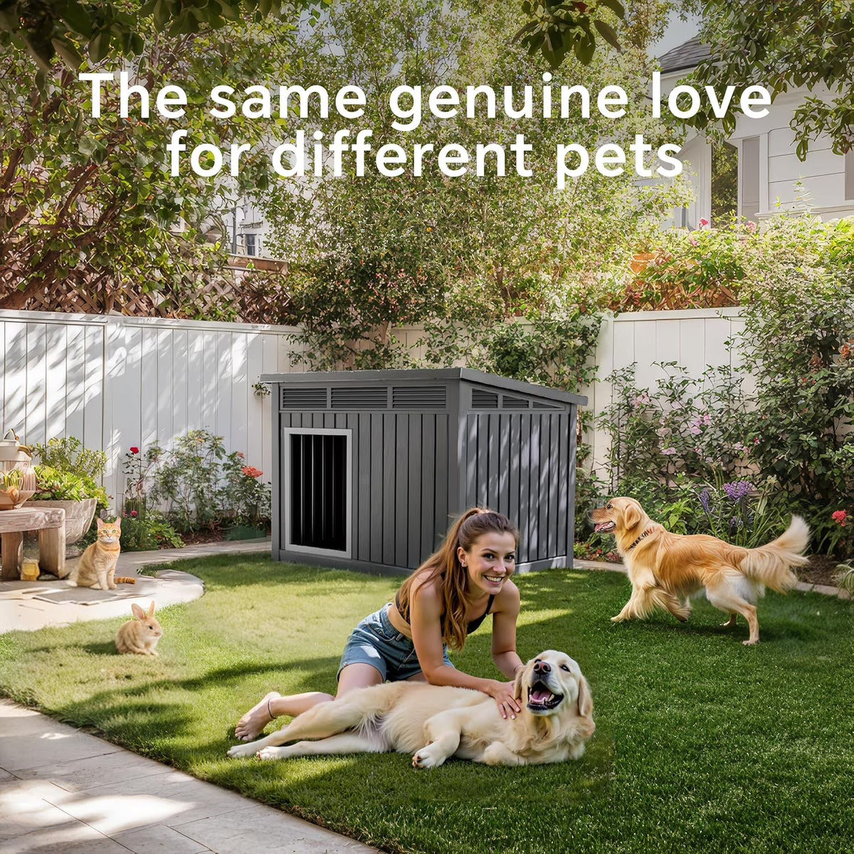 LOJIAWOWE Indoor Outdoor Dog House for Medium to Large Dogs, Weatherproof Asphalt Roof with Removable Floor & Ventilation, Easy-Clean Design (Gray)