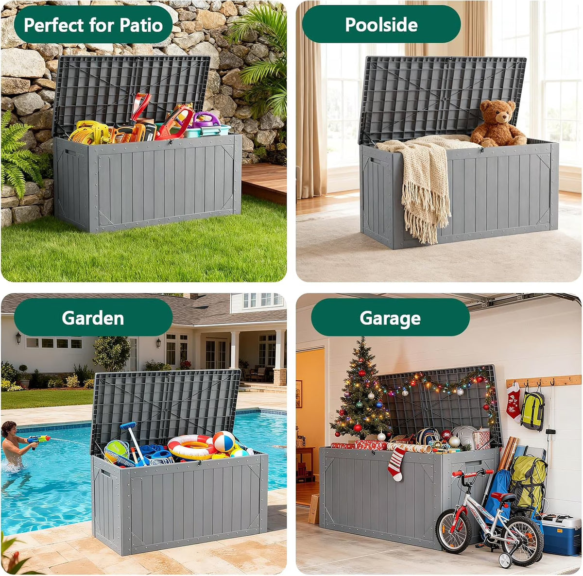 LOJIAWOWE 100 Gallon Resin Deck Box, Waterproof Lockable Outdoor Storage Container for Patio Furniture, Pool Supplies, Gray