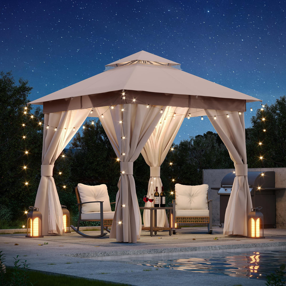 LOJIAWOWE 8x8ft Outdoor Gazebo Canopy Tent with Durable Metal Frame Double Tier Roof Mosquito Netting and Privacy Screens for Patio Garden Yard