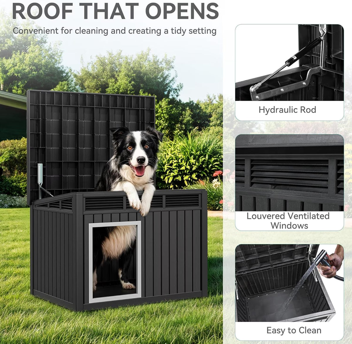 LOJIAWOWE Indoor Outdoor Dog House for Medium to Large Dogs, Weatherproof Asphalt Roof with Removable Floor & Ventilation, Easy-Clean Design (Gray)