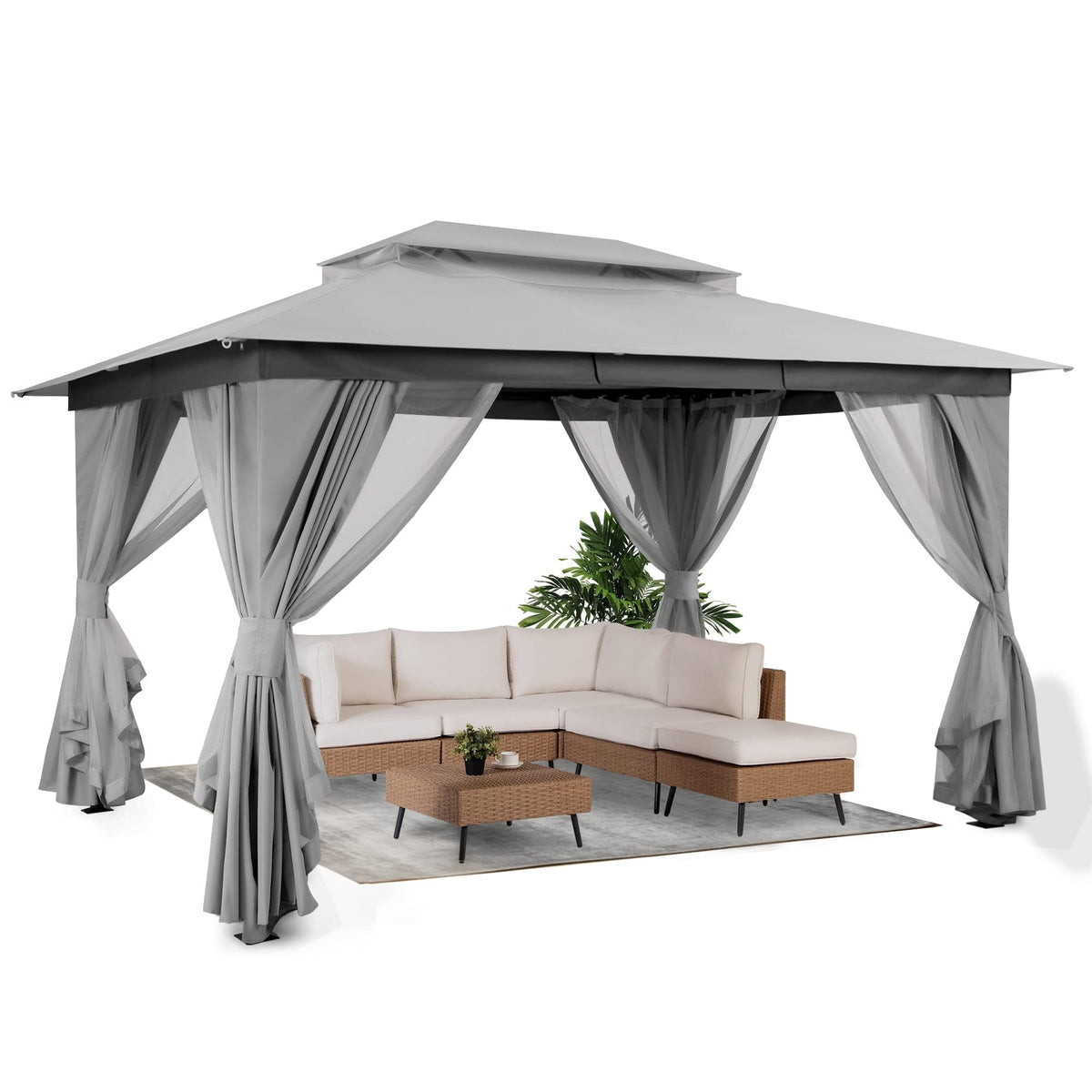 LOJIAWOWE 10x13ft Garden Gazebo Canopy Tent Outdoor Shelter with Reinforced Metal Frame Double Layer Roof Mosquito Netting Privacy Panels for Patio Yard