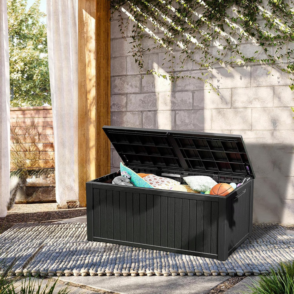 LOJIAWOWE 150 Gallon Resin Deck Box, Waterproof Lockable Outdoor Storage Container for Patio Furniture, Pool Supplies, Black