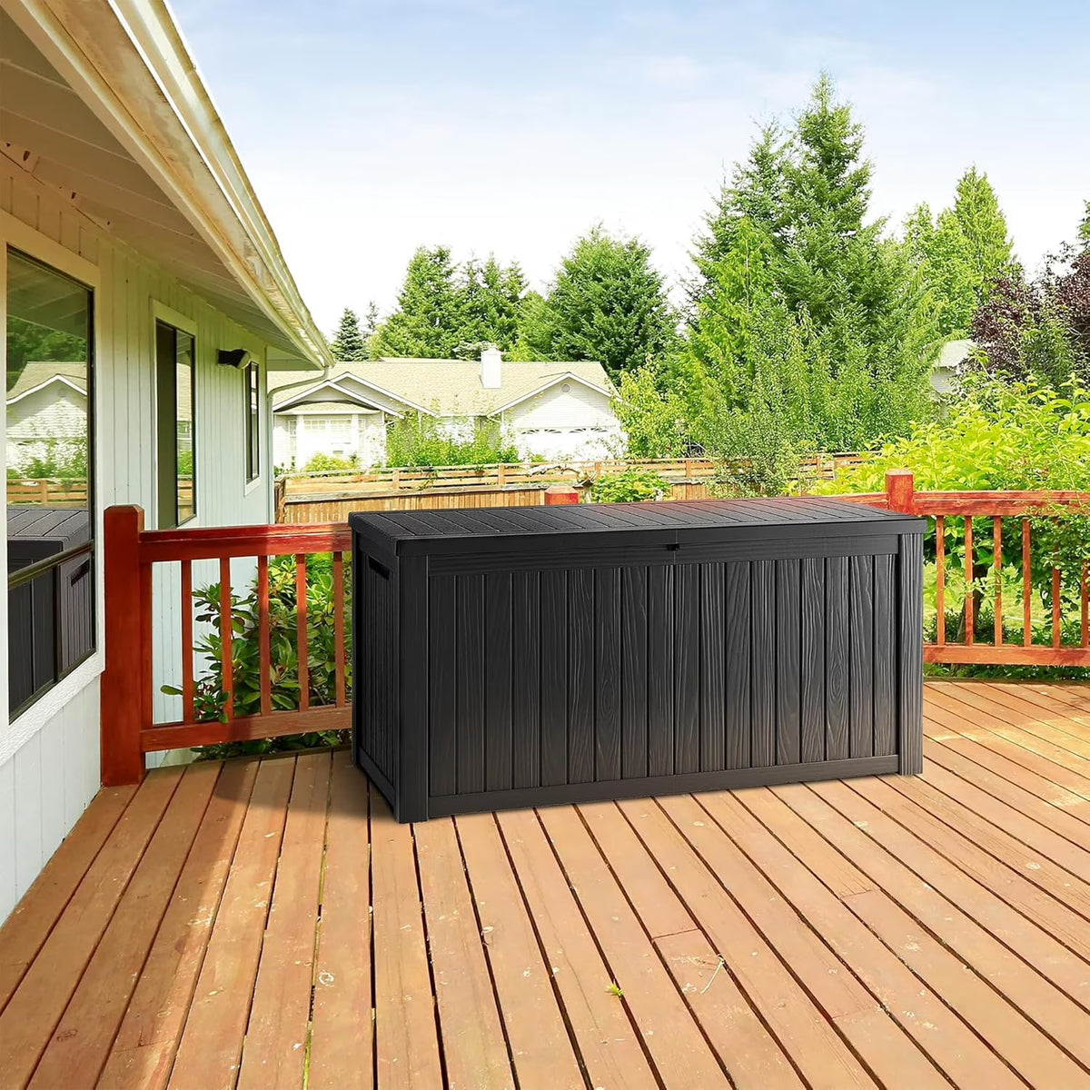 LOJIAWOWE 150 Gallon Resin Deck Box, Waterproof Lockable Outdoor Storage Container for Patio Furniture, Pool Supplies, Black