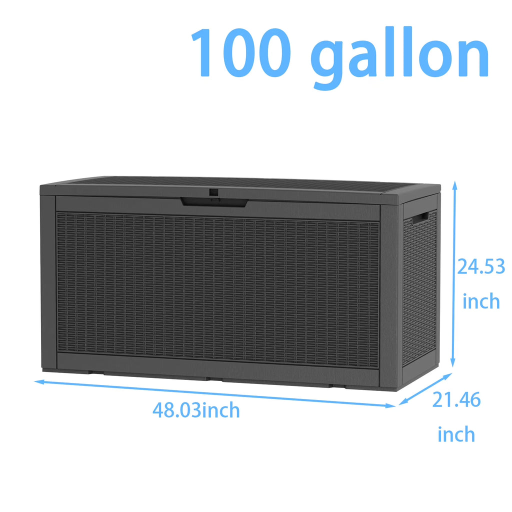 LOJIAWOWE 100 Gallon Resin Deck Box, Waterproof Lockable Outdoor Storage Container for Patio Furniture, Pool Supplies, Black