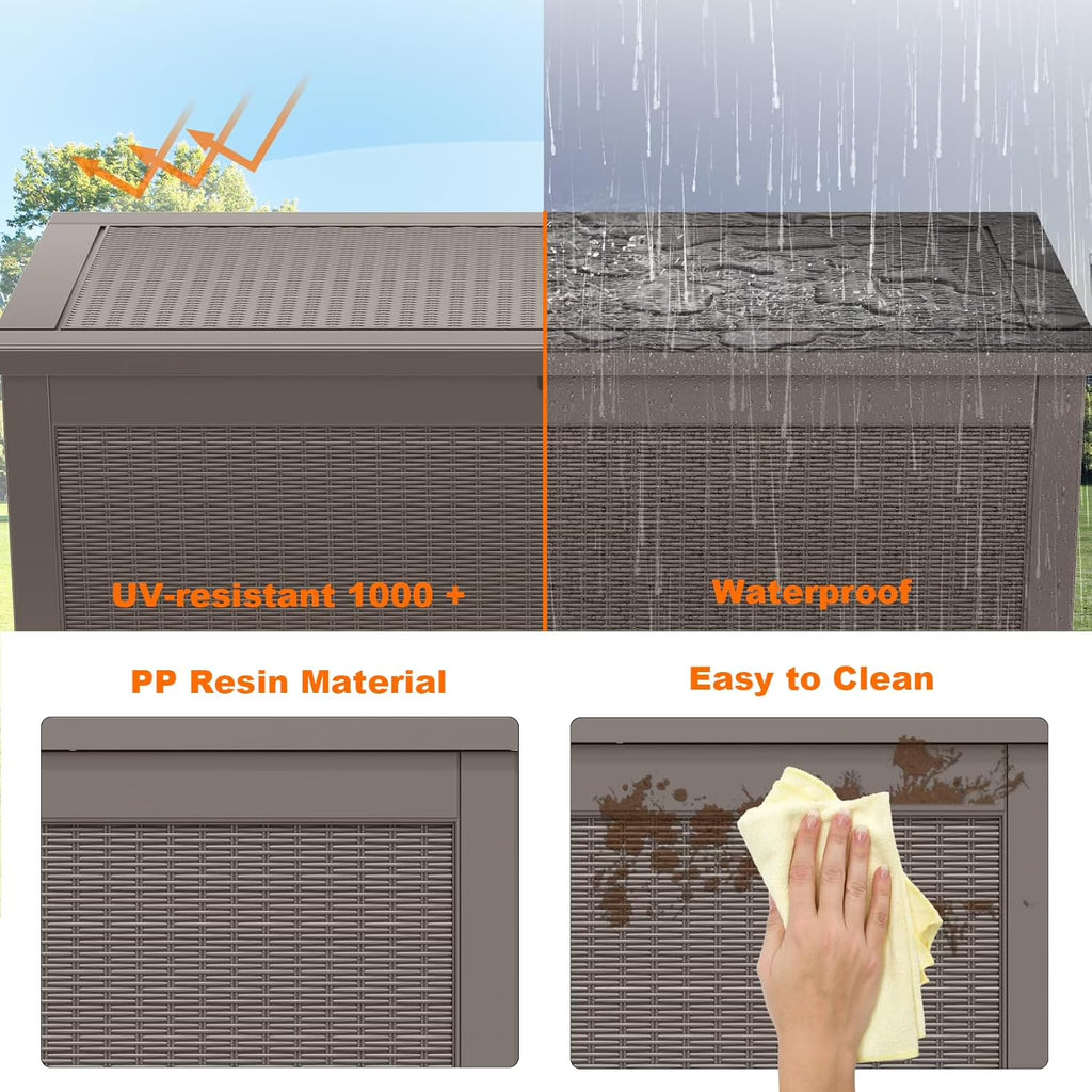 LOJIAWOWE 320 Gallon Resin Deck Box, Waterproof Lockable Outdoor Storage Container for Patio Furniture, Pool Supplies, Light Brown