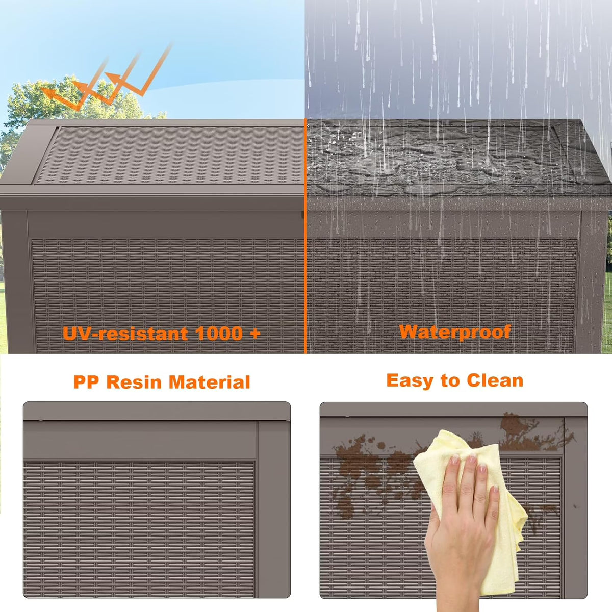 LOJIAWOWE 320 Gallon Resin Deck Box, Waterproof Lockable Outdoor Storage Container for Patio Furniture, Pool Supplies, Light Brown