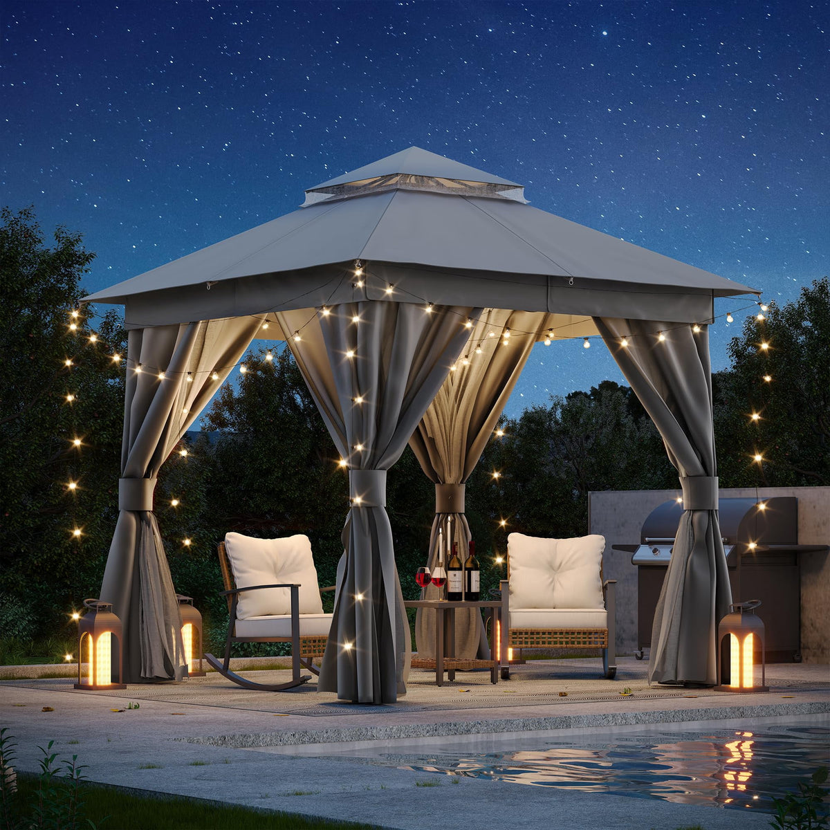 LOJIAWOWE 8x8ft Patio Gazebo Canopy with Sturdy Steel Frame Double Roof Design Weather Resistant Outdoor Shelter with Netting Curtains for Backyard Lawn