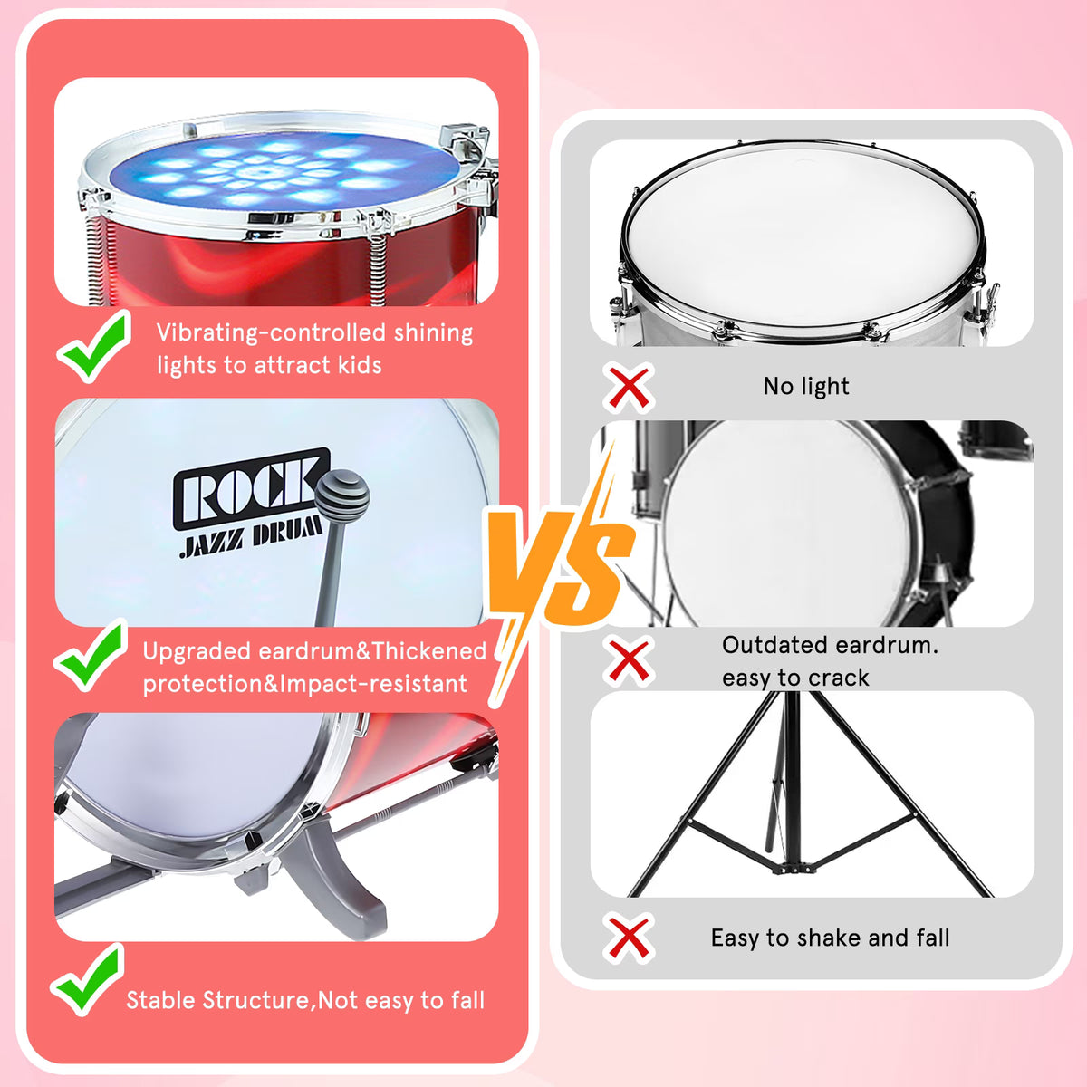 6 Drum Kids Beginner Jazz Drum Kit With Soft Decorative Lights Soft Light Easy Assembly Musical Play Toy For Boys Girls Aged Three Plus Daily Entertainment-Red
