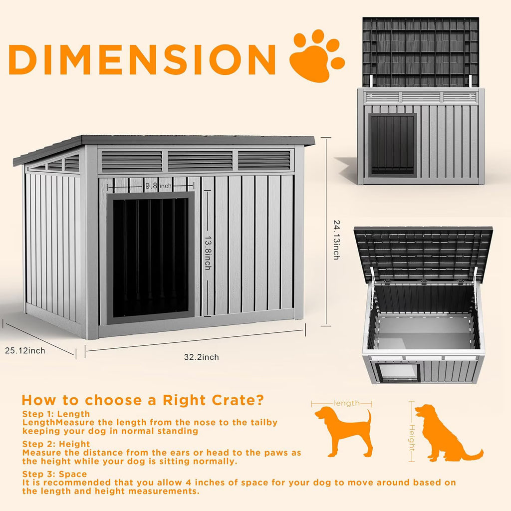 LOJIAWOWE Indoor Outdoor Dog House for Medium to Large Dogs, Weatherproof Asphalt Roof with Removable Floor & Ventilation, Easy-Clean Design (Black)