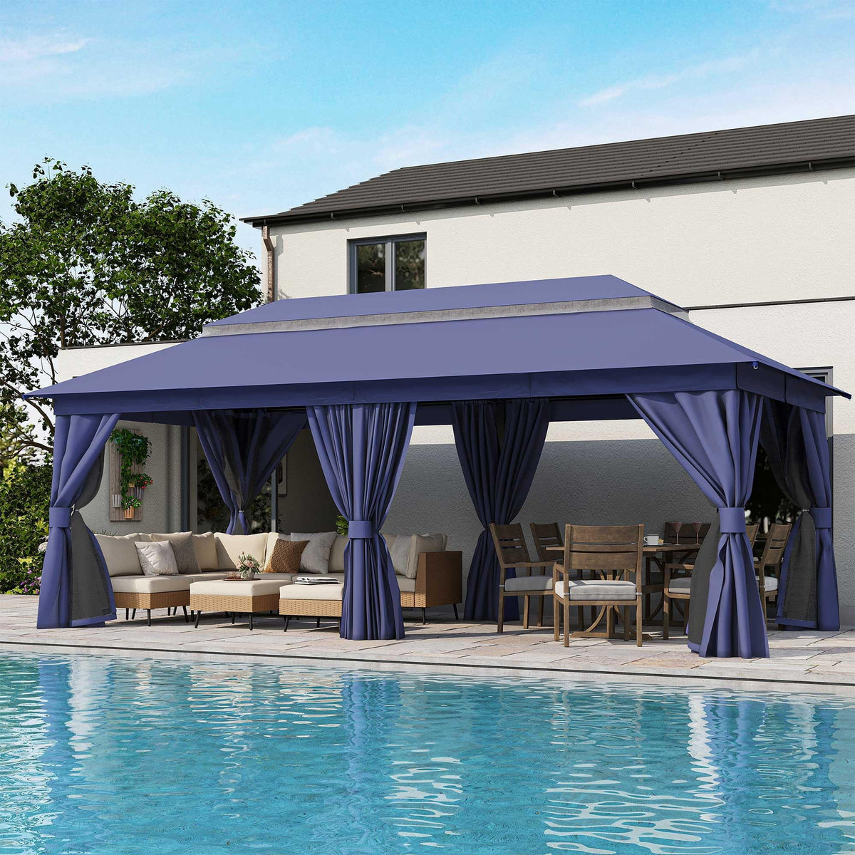 LOJIAWOWE 10x20ft Gazebo Canopy Outdoor Patio Shelter with Heavy Duty Metal Frame Double Roof Mosquito Netting Privacy Curtains for Backyard Garden Lawn Navy Blue