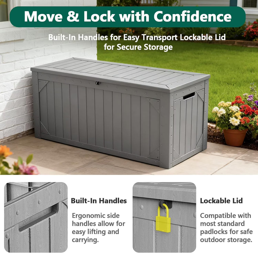 LOJIAWOWE 100 Gallon Resin Deck Box, Waterproof Lockable Outdoor Storage Container for Patio Furniture, Pool Supplies, Gray