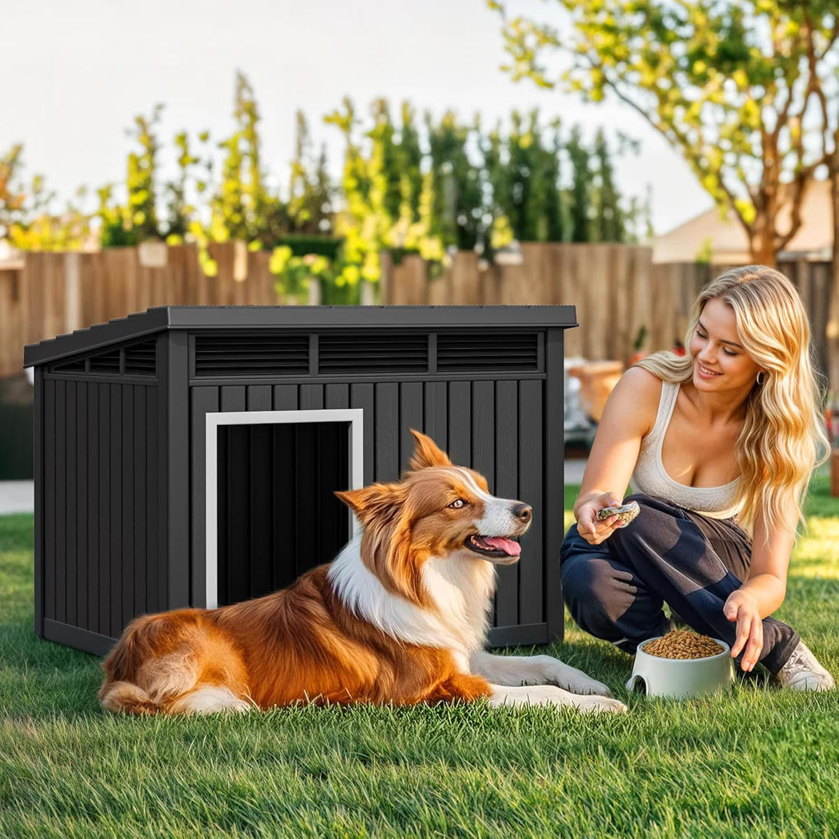 LOJIAWOWE Indoor Outdoor Dog House for Medium to Large Dogs, Weatherproof Asphalt Roof with Removable Floor & Ventilation, Easy-Clean Design (Gray)