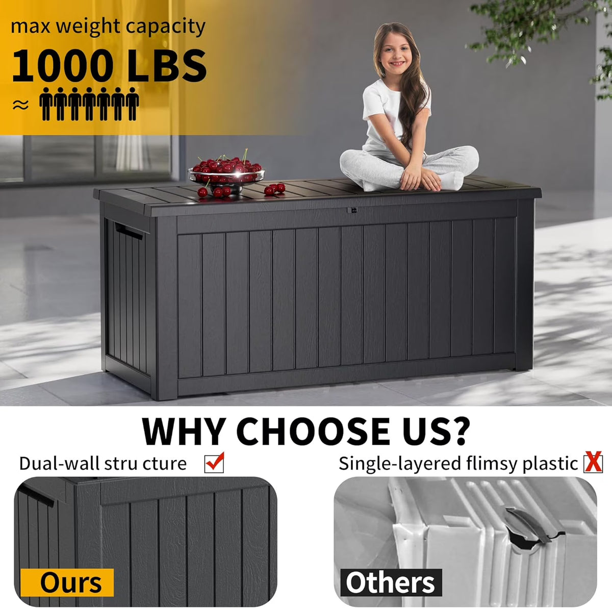 LOJIAWOWE 200 Gallon Resin Deck Box, Waterproof Lockable Outdoor Storage Container for Patio Furniture, Pool Supplies, Black