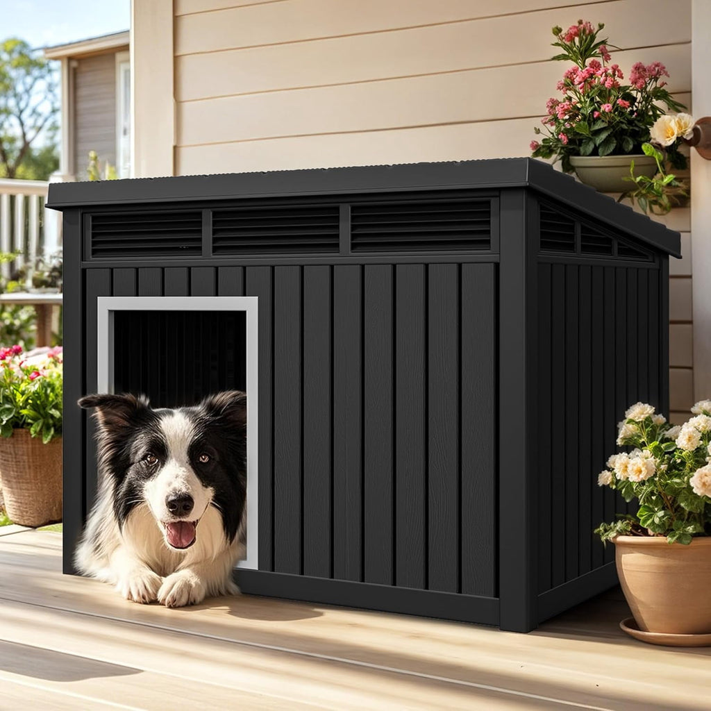 LOJIAWOWE Indoor Outdoor Dog House for Medium to Large Dogs, Weatherproof Asphalt Roof with Removable Floor & Ventilation, Easy-Clean Design (Gray)