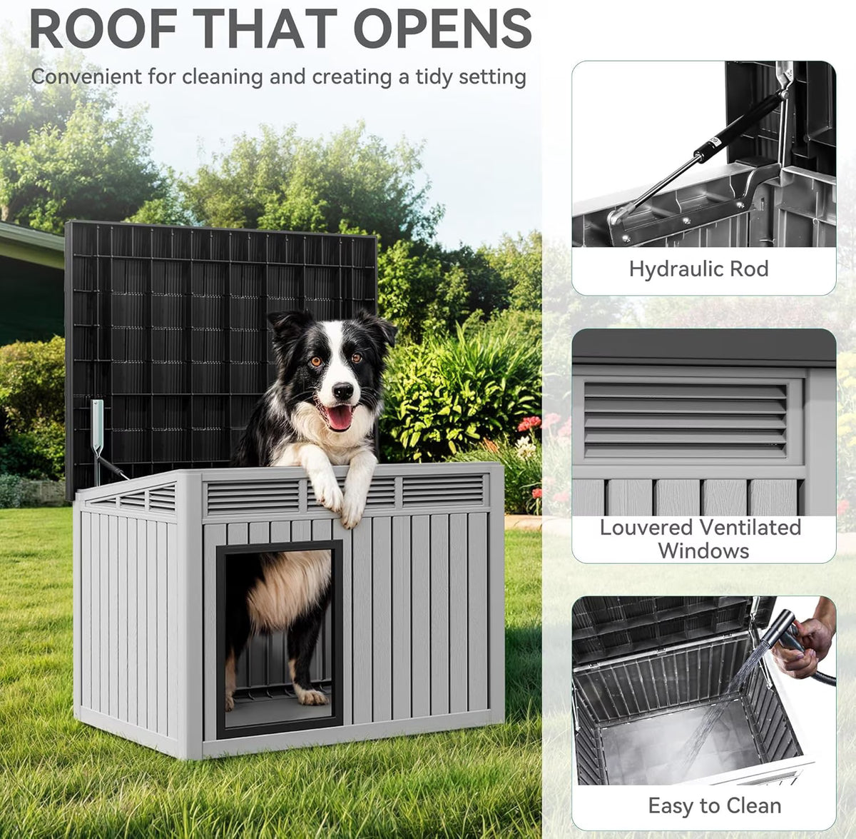 LOJIAWOWE Indoor Outdoor Dog House for Medium to Large Dogs, Weatherproof Asphalt Roof with Removable Floor & Ventilation, Easy-Clean Design (Black)