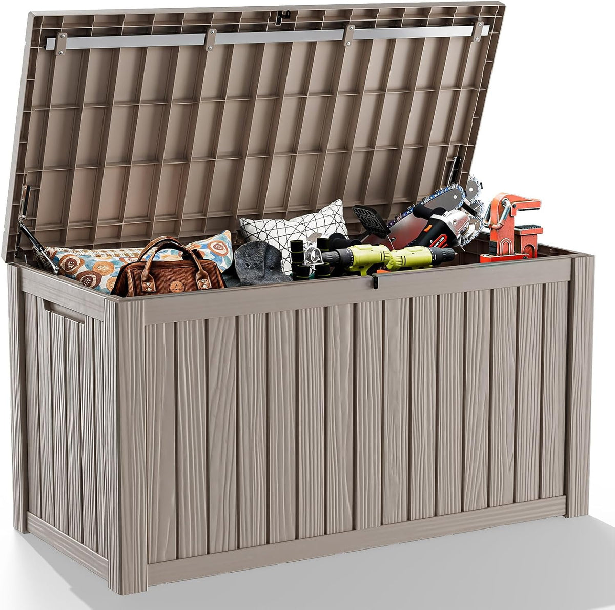 LOJIAWOWE 200 Gallon Resin Deck Box, Waterproof Lockable Outdoor Storage Container for Patio Furniture, Pool Supplies, Light Brown