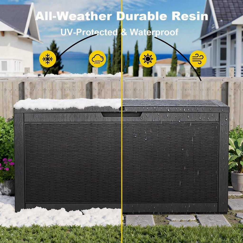 LOJIAWOWE 100 Gallon Resin Deck Box, Waterproof Lockable Outdoor Storage Container for Patio Furniture, Pool Supplies, Black