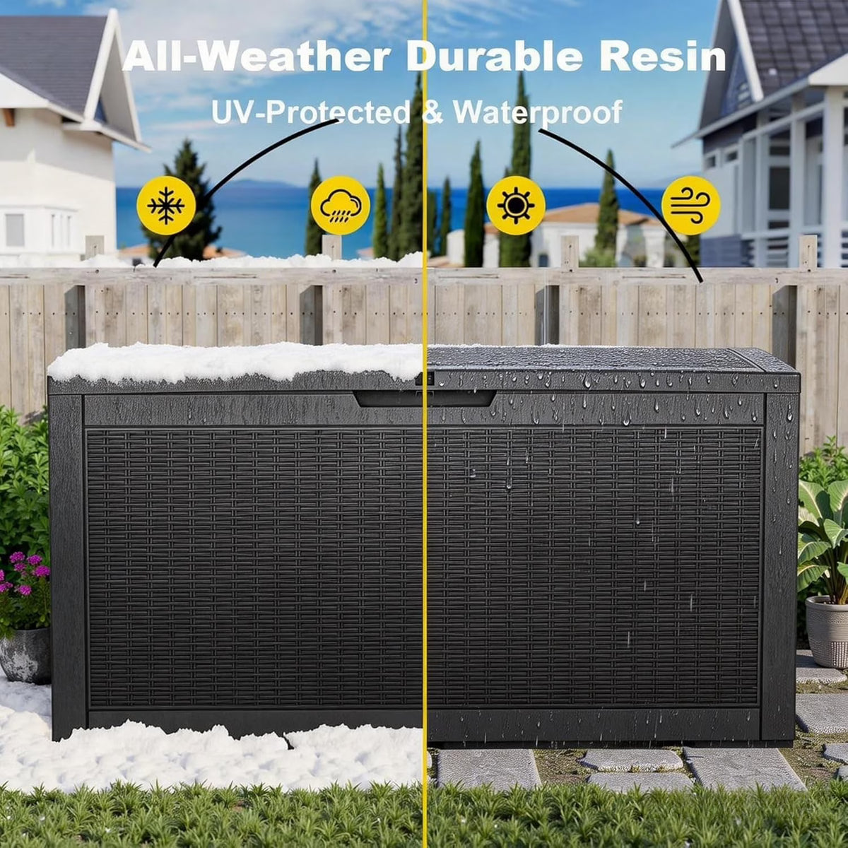 LOJIAWOWE 100 Gallon Resin Deck Box, Waterproof Lockable Outdoor Storage Container for Patio Furniture, Pool Supplies, Black