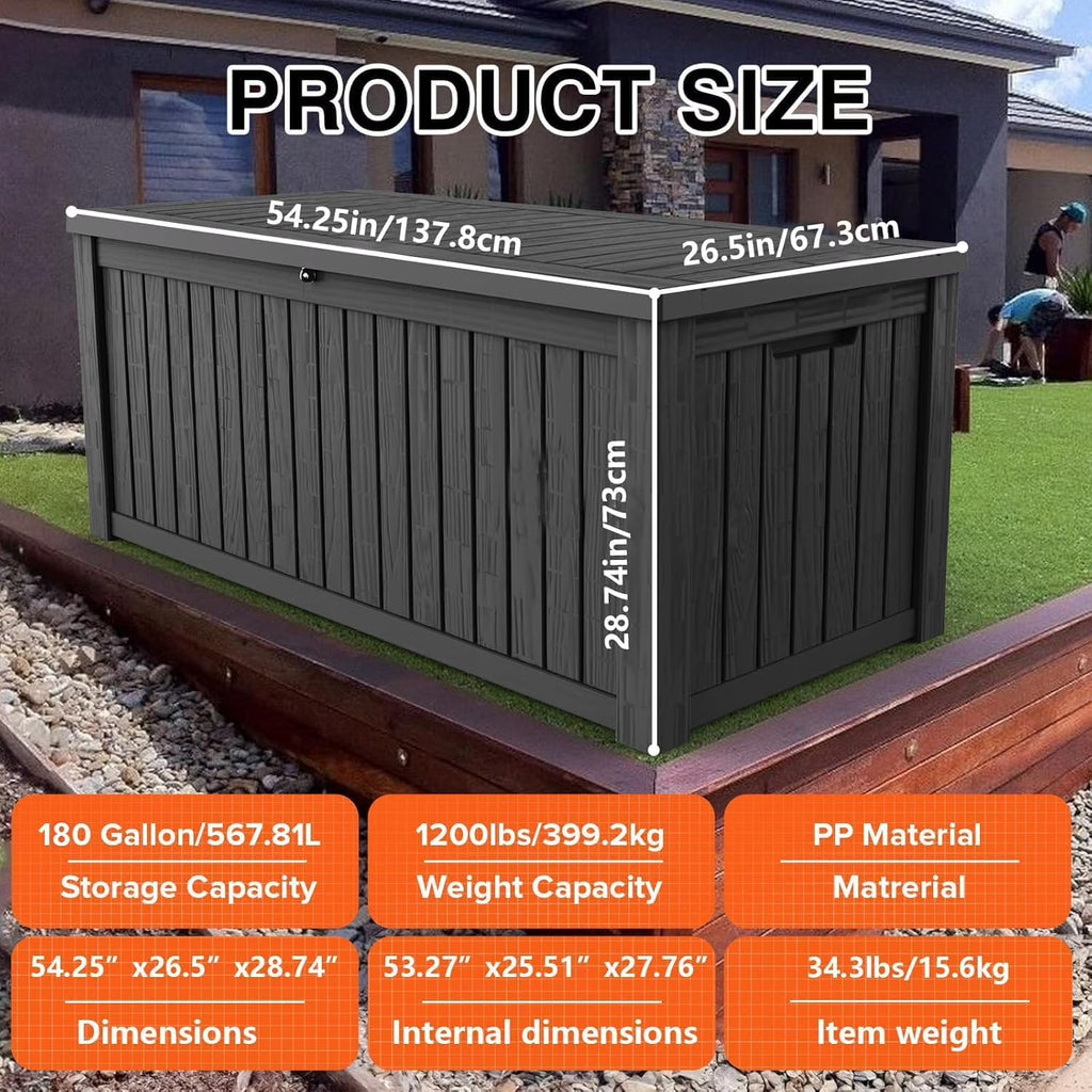 LOJIAWOWE 180 Gallon Resin Deck Box, Waterproof Lockable Outdoor Storage Container for Patio Furniture, Pool Supplies Black